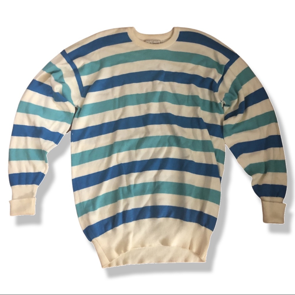 Paul Stuart Men's Pullover Sweater Long Sleeve striped Blue w White Cotton SizeM